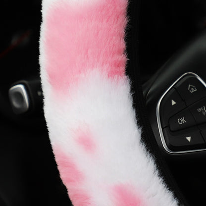 Cow Pattern Soft Plush Car Steering Wheel Cover, Hand Brake Gear Cover Set 37-38Cm - myfunfarm