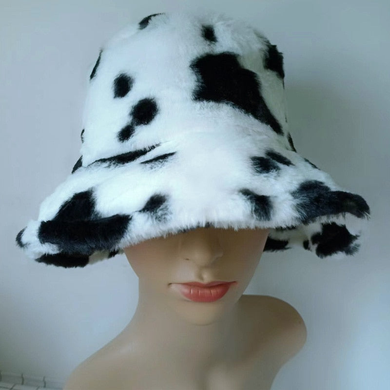 Cow pattern Bucket Hat Plush Panama Outdoor Keep Warm Autumn Winter