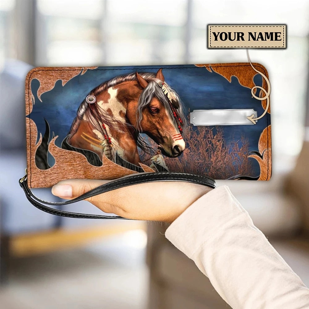 Personalized name-Long Wallet Ladies Brown Vintage  Black Horse - myfunfarm