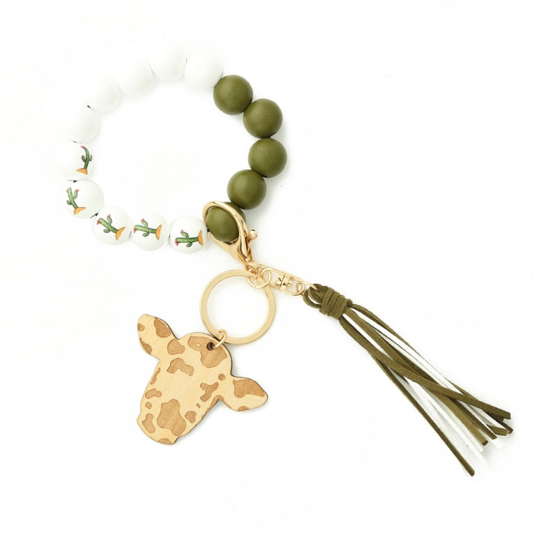 Cow Custom Beads Leather Tassel  Wooden Bead Bracelet gift for MAMA