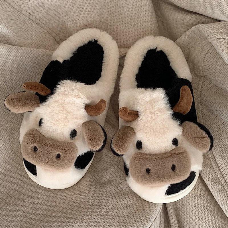 Cute Cow House Slippers Warm Fluffy for Winter - myfunfarm