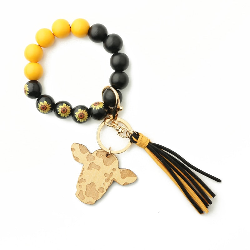 Cow Custom Beads Leather Tassel  Wooden Bead Bracelet gift for MAMA