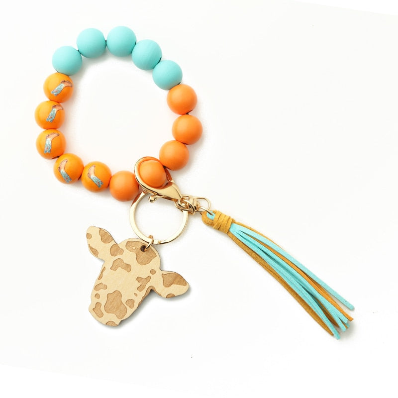 Cow Custom Beads Leather Tassel  Wooden Bead Bracelet gift for MAMA