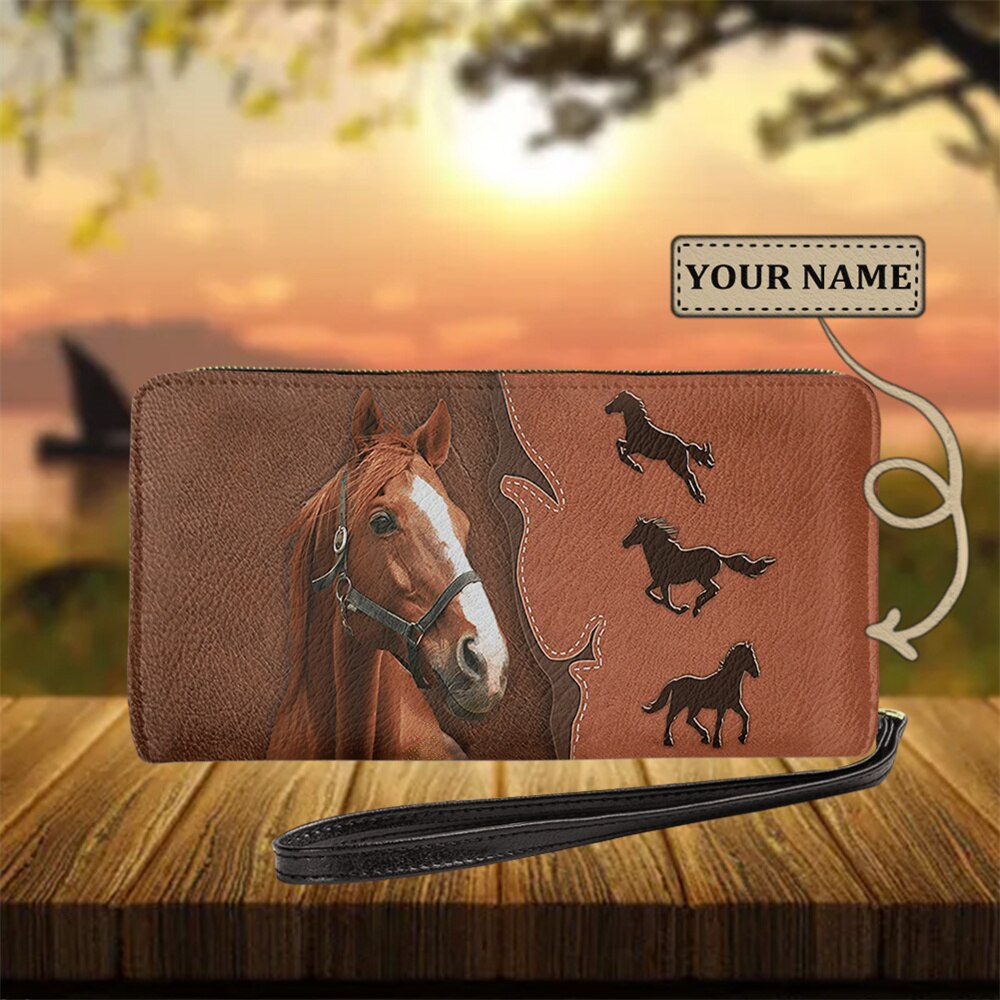 Personalized name-Long Wallet Ladies Brown Vintage  Black Horse - myfunfarm