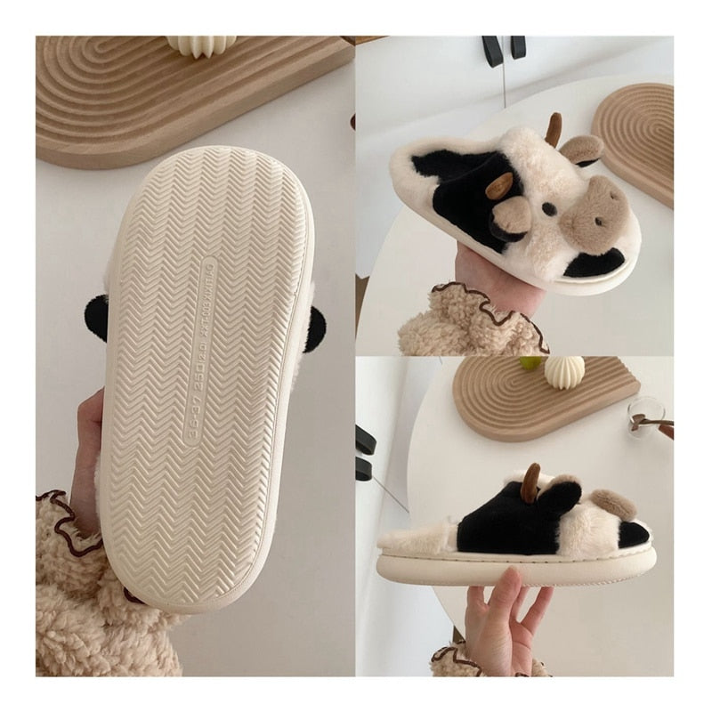 Cute Cow House Slippers Warm Fluffy for Winter - myfunfarm