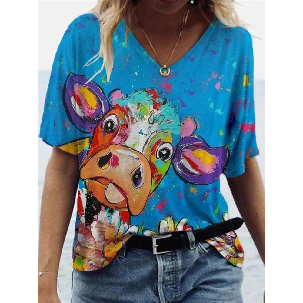 V-Neck T Shirt For Women-Cute Cow Print Oversized Shirt Sleeve Summer - myfunfarm