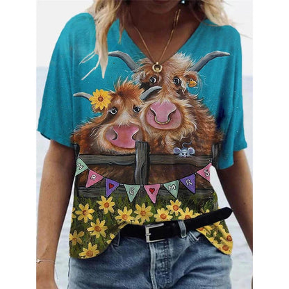 V-Neck T Shirt For Women-Cute Cow Print Oversized Shirt Sleeve Summer - myfunfarm