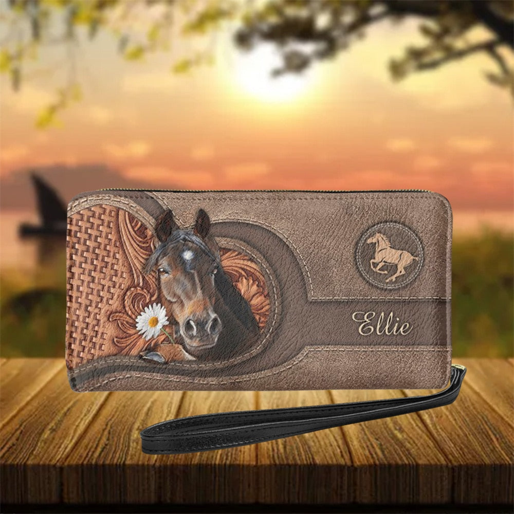 Personalized name-Long Wallet Ladies Brown Vintage  Black Horse - myfunfarm