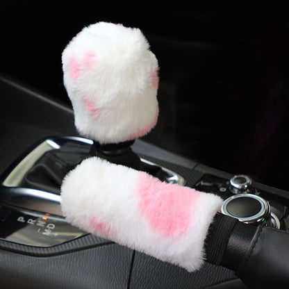 Cow Pattern Soft Plush Car Steering Wheel Cover, Hand Brake Gear Cover Set 37-38Cm - myfunfarm