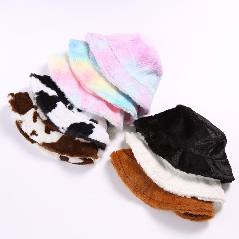 Cow pattern Bucket Hat Plush Panama Outdoor Keep Warm Autumn Winter