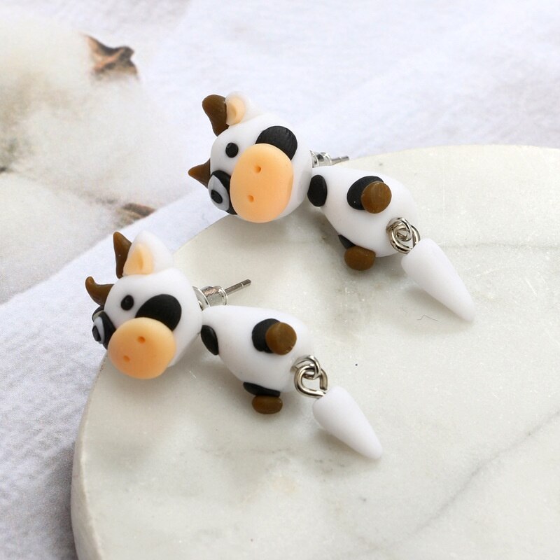Polymer Clay Earrings Cute Cow Stud Earrings - myfunfarm