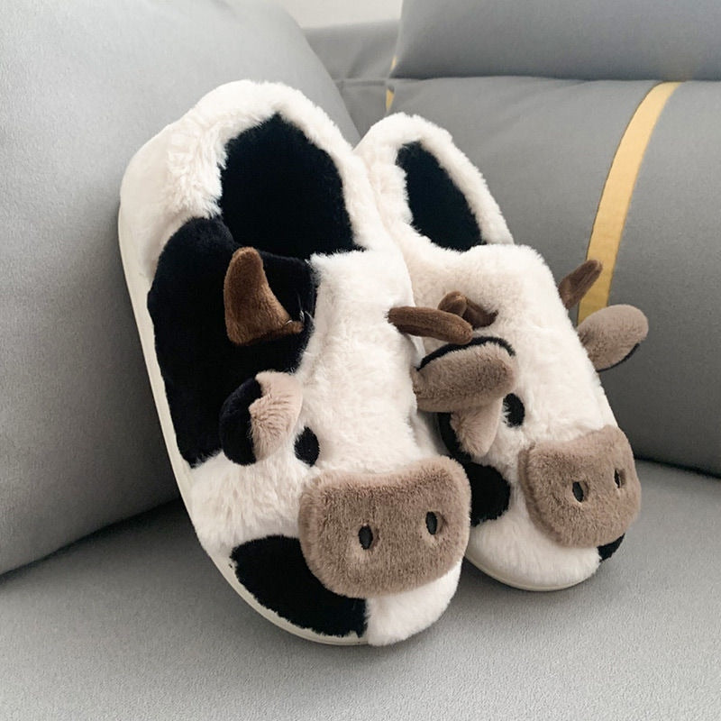 Cute Cow House Slippers Warm Fluffy for Winter