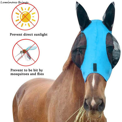 1pc Anti-Fly Mesh Equine Horse Mask Stretch Bug Eye with Covered Ears Long Nose