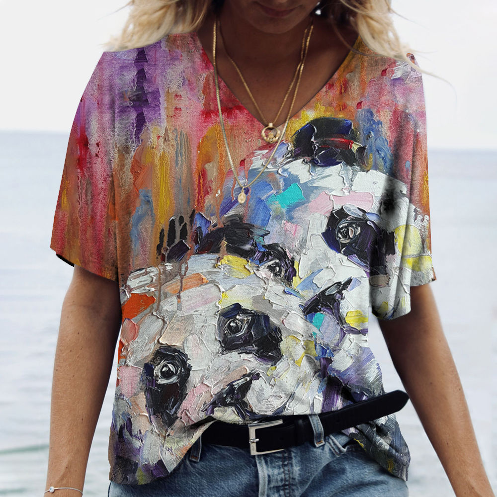 V-Neck T Shirt For Women-Cute Cow Print Oversized Shirt Sleeve Summer - myfunfarm