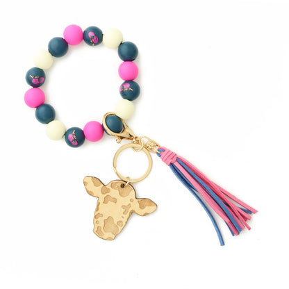 Cow Custom Beads Leather Tassel  Wooden Bead Bracelet gift for MAMA