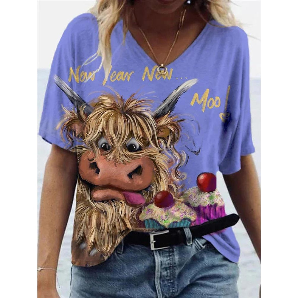 V-Neck T Shirt For Women-Cute Cow Print Oversized Shirt Sleeve Summer - myfunfarm