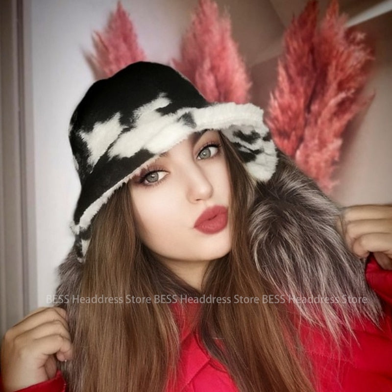 Cow pattern Bucket Hat Plush Panama Outdoor Keep Warm Autumn Winter