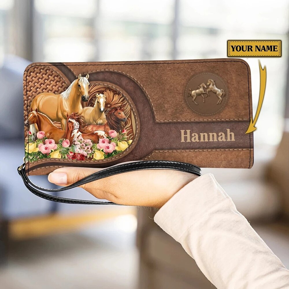 Personalized name-Long Wallet Ladies Brown Vintage  Black Horse - myfunfarm