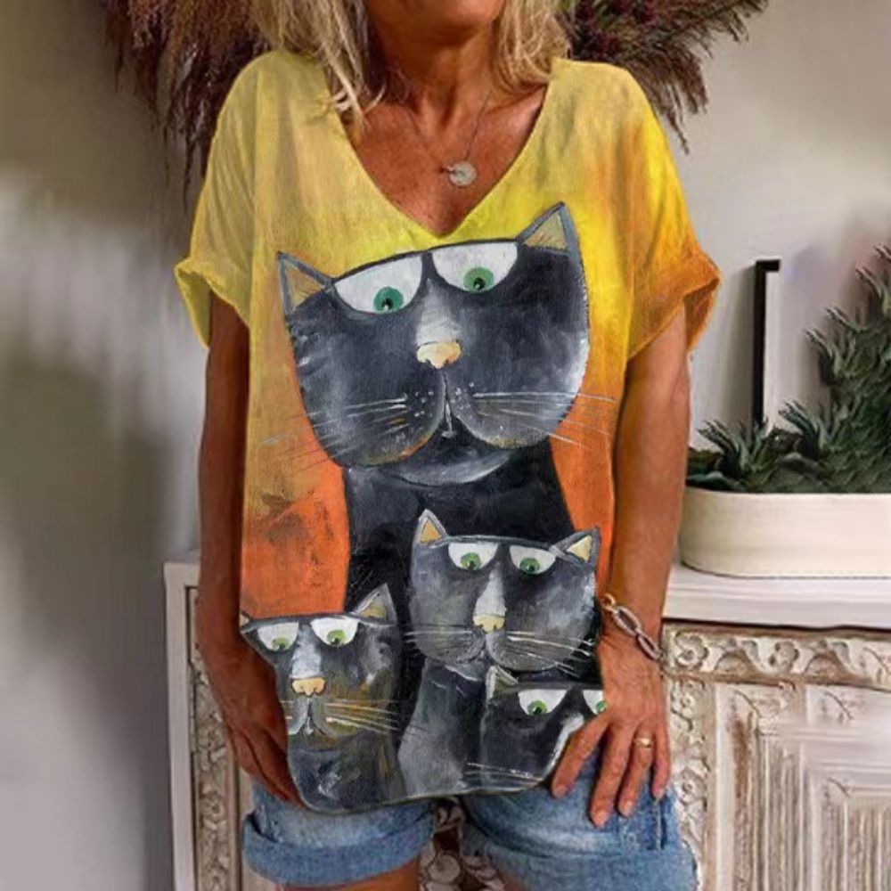 T-Shirt Cat Graphic V-neck Short Sleeve Tees Female - myfunfarm