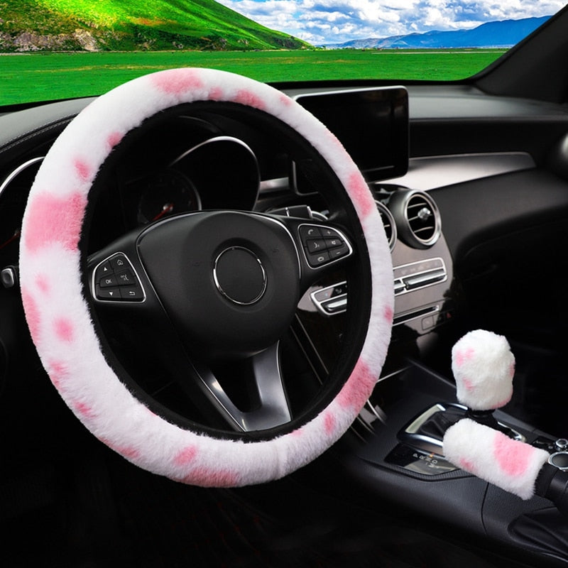 Cow Pattern Soft Plush Car Steering Wheel Cover, Hand Brake Gear Cover Set 37-38Cm - myfunfarm