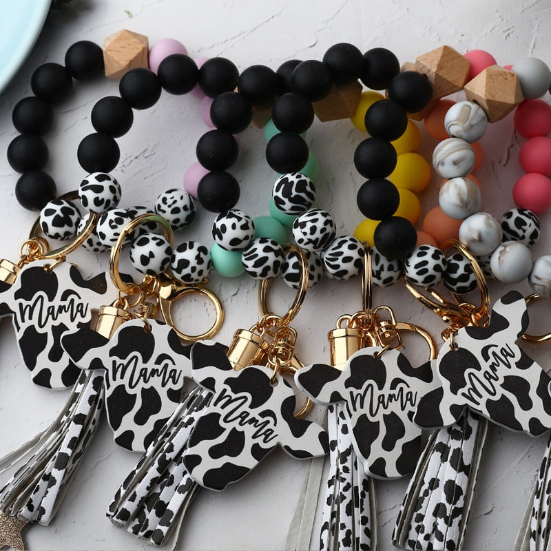 Cow Custom Beads Leather Tassel  Wooden Bead Bracelet gift for MAMA