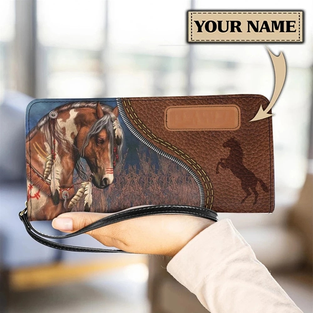 Personalized name-Long Wallet Ladies Brown Vintage  Black Horse - myfunfarm