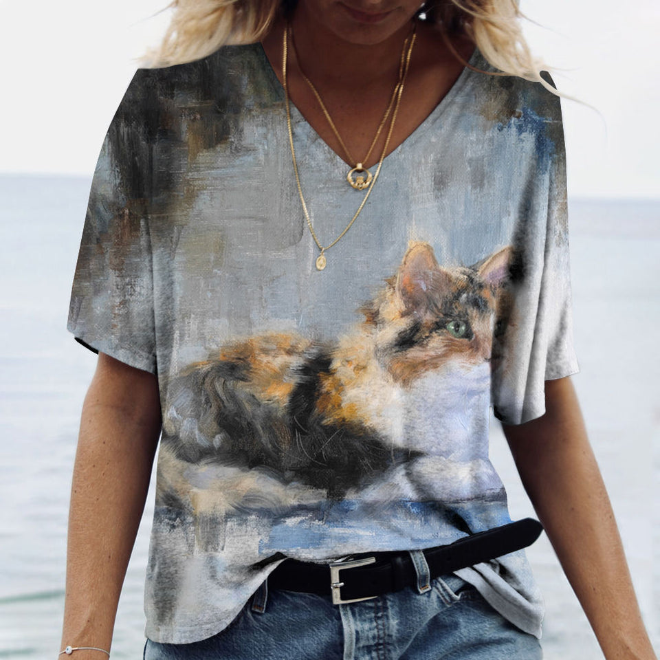 V-Neck T Shirt For Women-Cute Cow Print Oversized Shirt Sleeve Summer