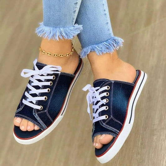 Ladies Slippers Canvas  Lace-up  Open-toed - myfunfarm