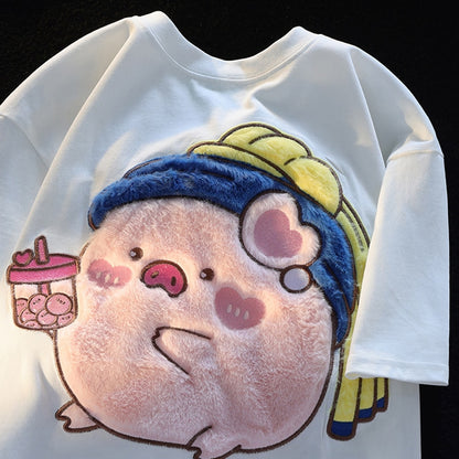 Cute Little Pig Plush Embroidered Short Sleeve Women's T-shirt
