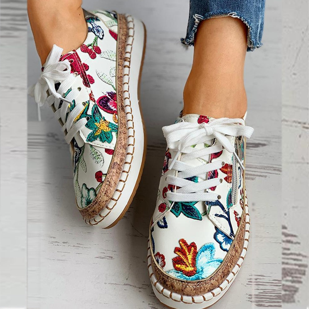 New Women Sneakers Floral Printed Lace Up