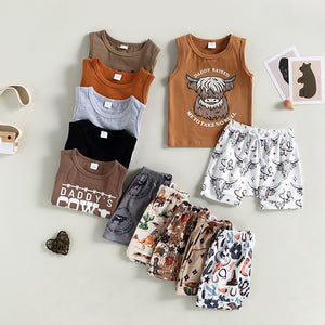 Summer Kids Boys Clothing Sets Letter Sleeveless Tanks Tops+Cattle Cactus Boots Print Shorts Outfits