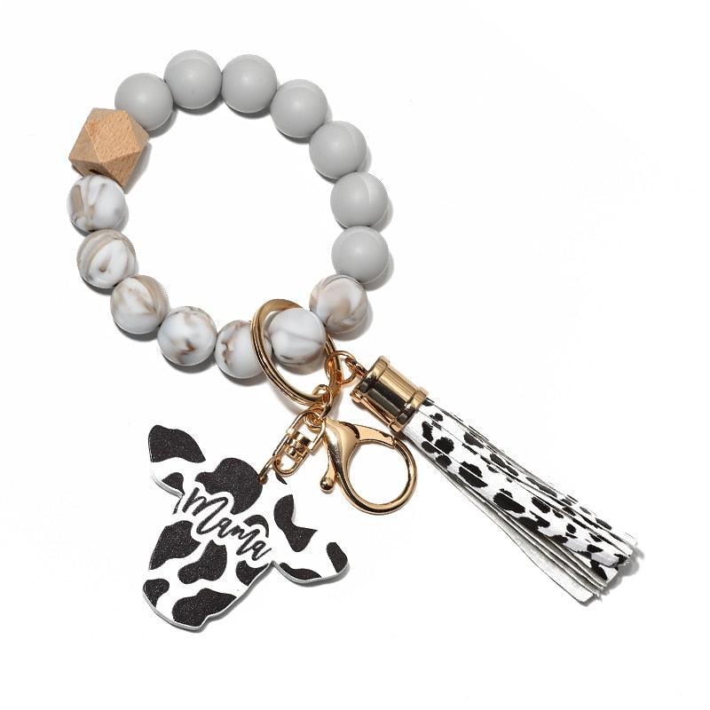Cow Custom Beads Leather Tassel  Wooden Bead Bracelet gift for MAMA