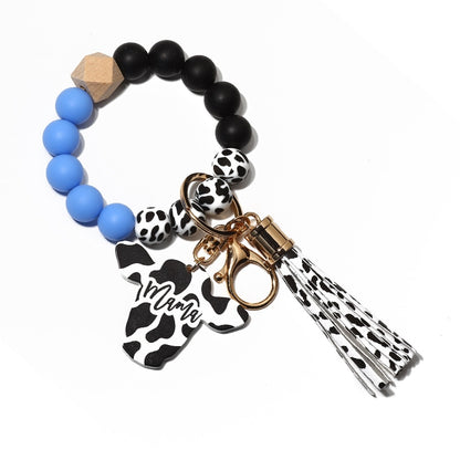 Cow Custom Beads Leather Tassel  Wooden Bead Bracelet gift for MAMA