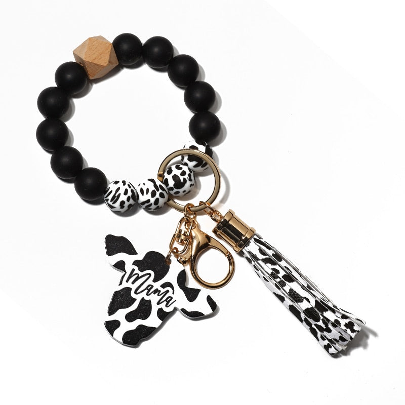 Cow Custom Beads Leather Tassel  Wooden Bead Bracelet gift for MAMA