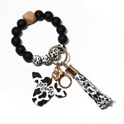 Cow Custom Beads Leather Tassel  Wooden Bead Bracelet gift for MAMA