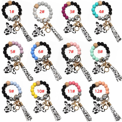 Cow Custom Beads Leather Tassel  Wooden Bead Bracelet gift for MAMA
