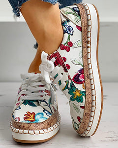 New Women Sneakers Floral Printed Lace Up