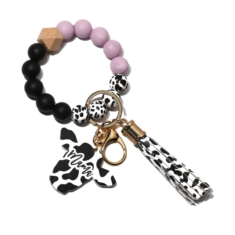 Cow Custom Beads Leather Tassel  Wooden Bead Bracelet gift for MAMA
