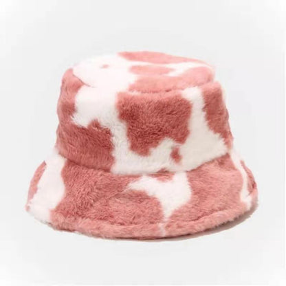 Cow pattern Bucket Hat Plush Panama Outdoor Keep Warm Autumn Winter