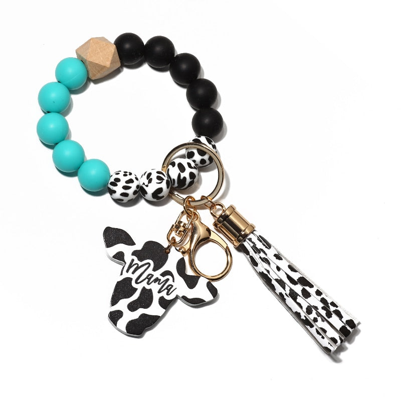 Cow Custom Beads Leather Tassel  Wooden Bead Bracelet gift for MAMA