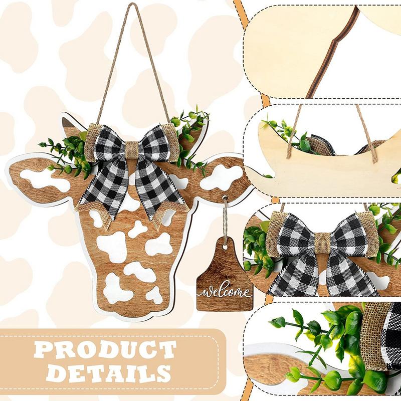 Welcome Farmhouse Cow Head Door Signs Wreath Wooden - myfunfarm
