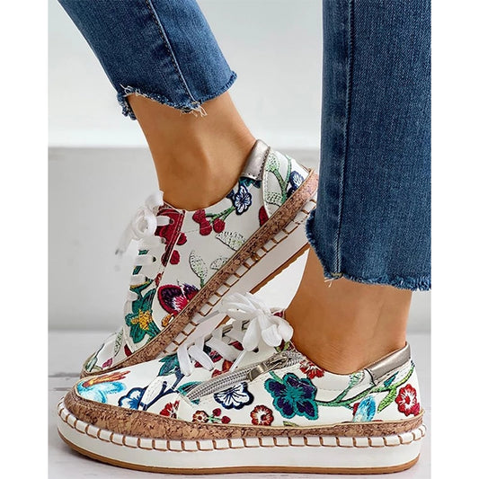 New Women Sneakers Floral Printed Lace Up
