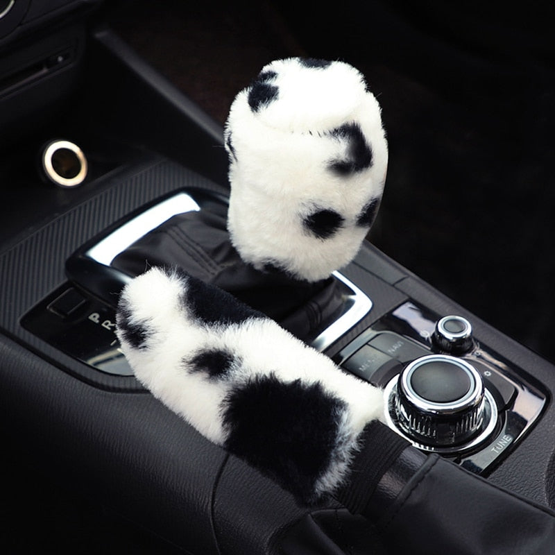 Cow Pattern Soft Plush Car Steering Wheel Cover, Hand Brake Gear Cover Set 37-38Cm - myfunfarm