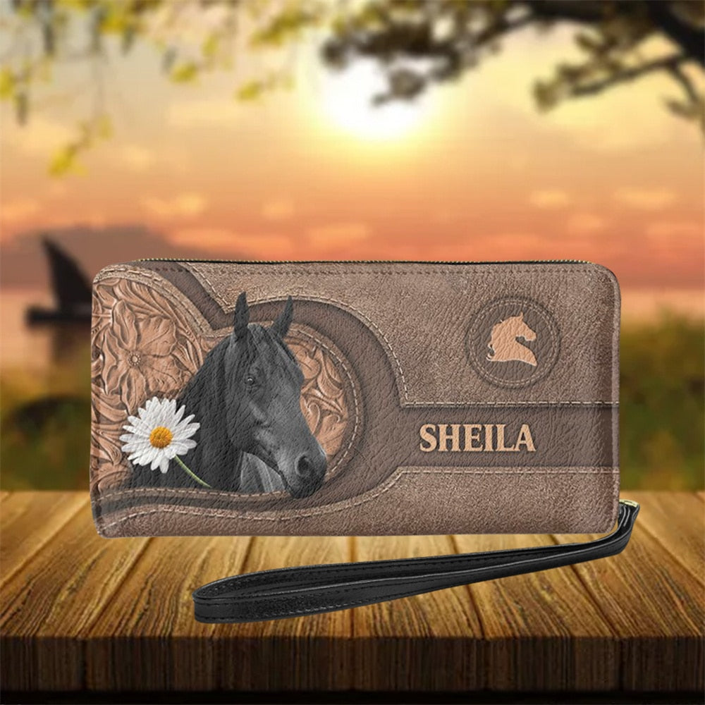 Personalized name-Long Wallet Ladies Brown Vintage  Black Horse - myfunfarm