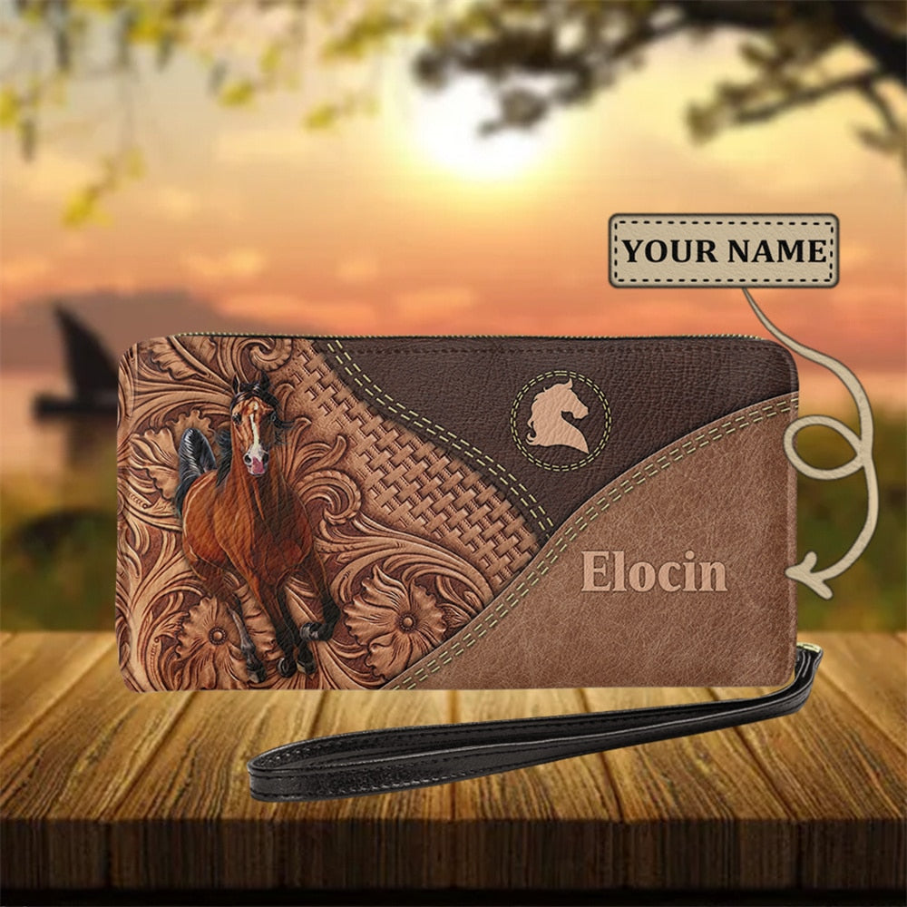 Personalized name-Long Wallet Ladies Brown Vintage  Black Horse - myfunfarm