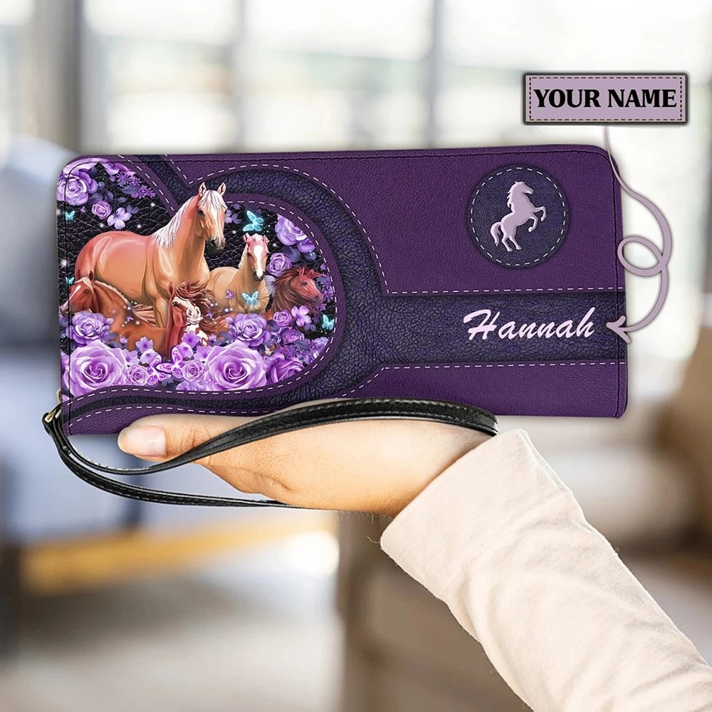 Personalized name-Long Wallet Ladies Brown Vintage  Black Horse - myfunfarm