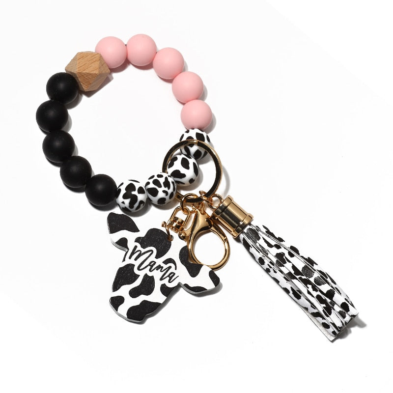 Cow Custom Beads Leather Tassel  Wooden Bead Bracelet gift for MAMA