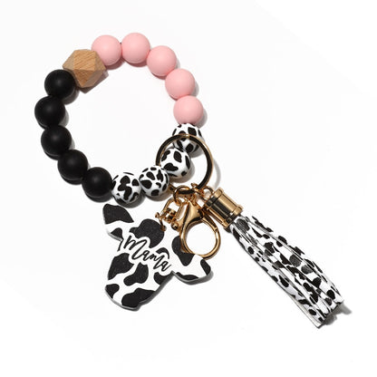 Cow Custom Beads Leather Tassel  Wooden Bead Bracelet gift for MAMA