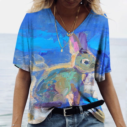 V-Neck T Shirt For Women-Cute Cow Print Oversized Shirt Sleeve Summer - myfunfarm