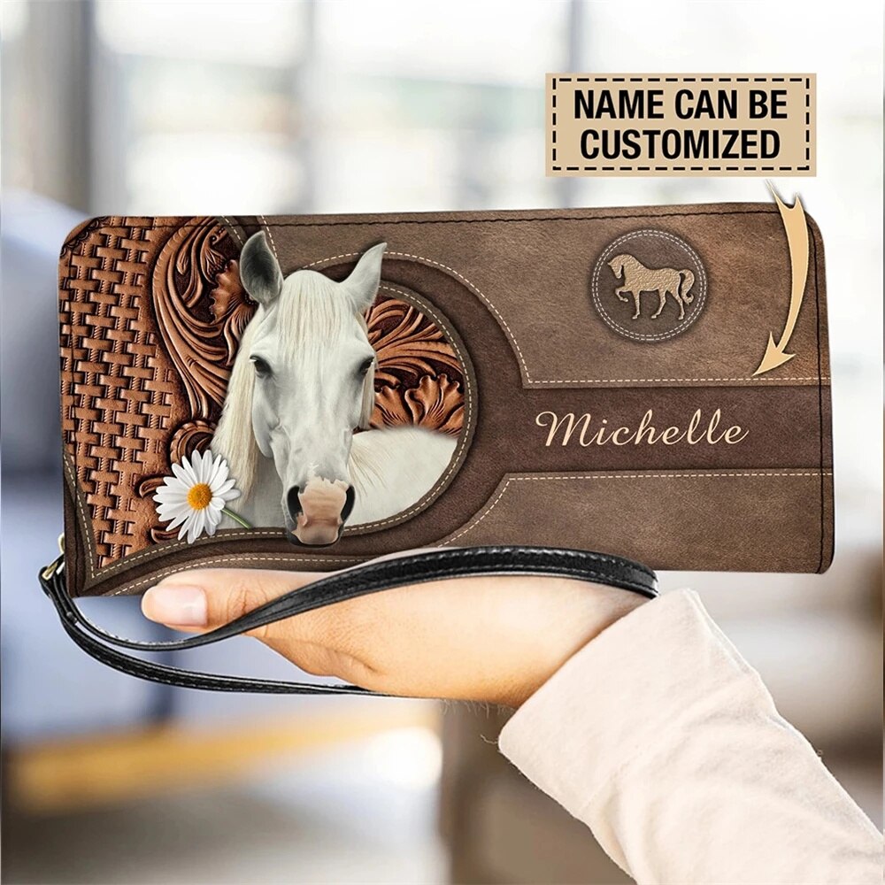 Personalized name-Long Wallet Ladies Brown Vintage  Black Horse - myfunfarm